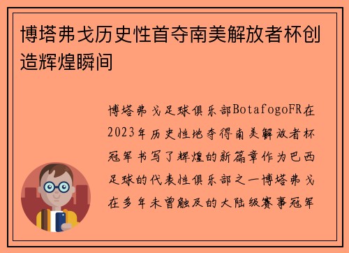 博塔弗戈历史性首夺南美解放者杯创造辉煌瞬间 博塔弗戈历史性首夺南美解放者杯创造辉煌瞬间