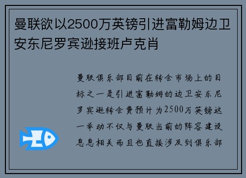 曼联欲以2500万英镑引进富勒姆边卫安东尼罗宾逊接班卢克肖